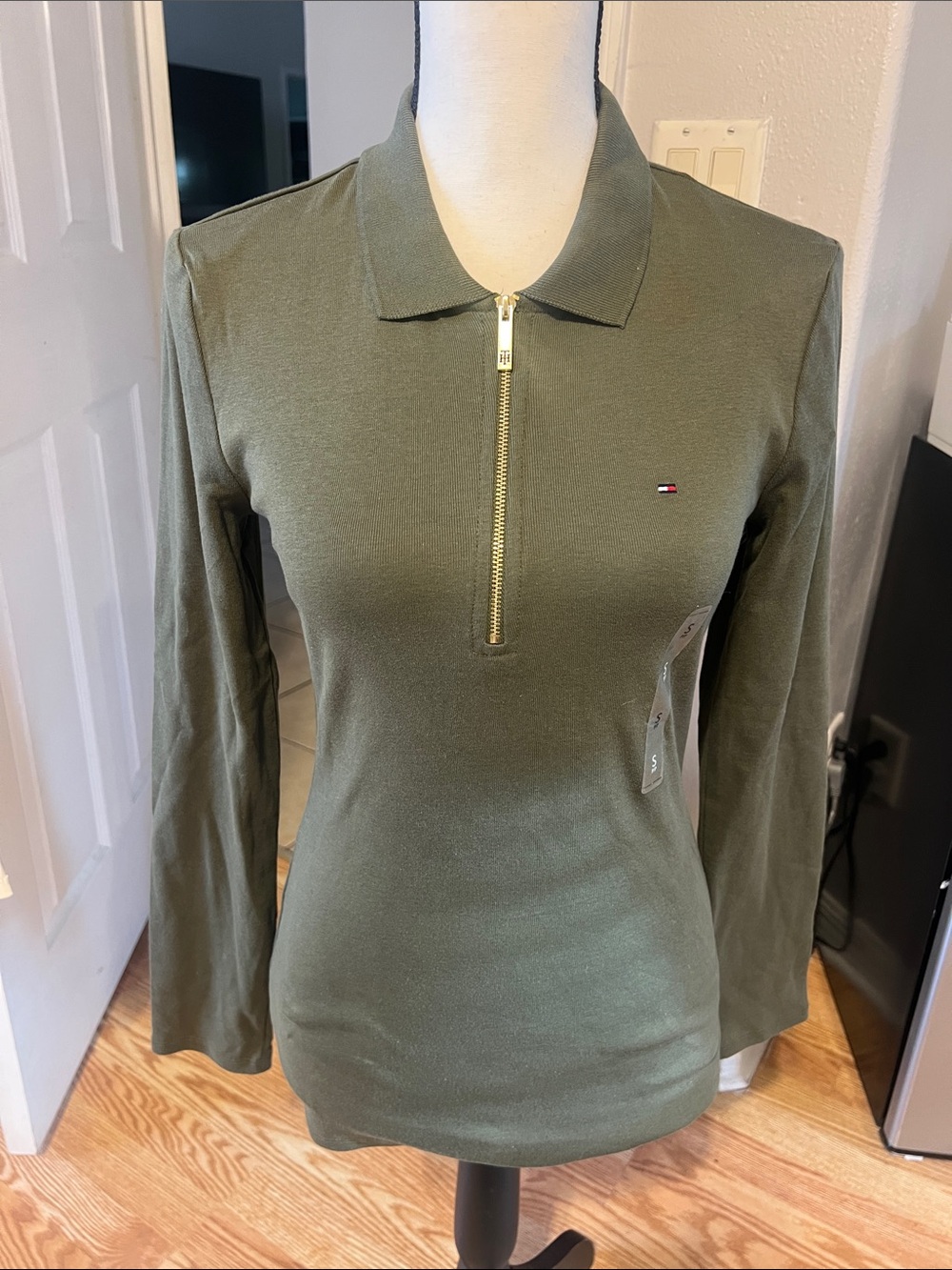 Tommy Hilfiger Olive Green Zip-Front Ribbed Long-Sleeve Polo